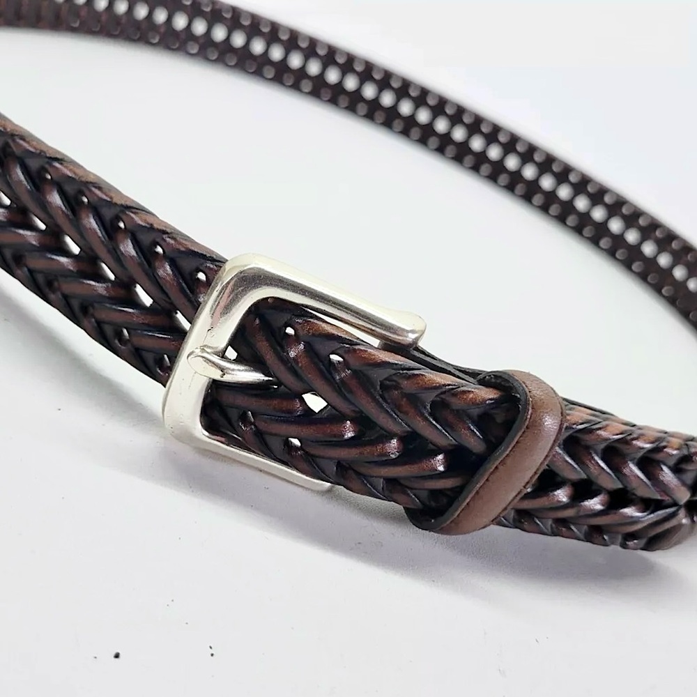 Dockers Brown Leather & PU Leather Woven Belt  38” L Adjustable Sz Silver Buckle - Picture 4 of 16